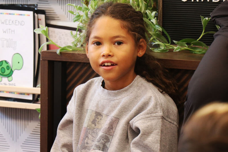 Two Kellison students smile while working together in class